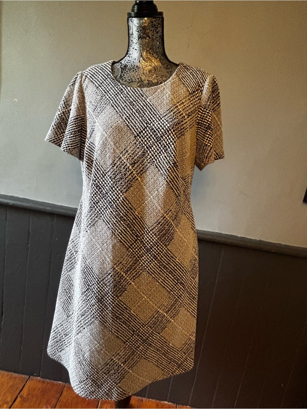 Calvin Klein Black & White Plaid Short-Sleeve Mini Dress
